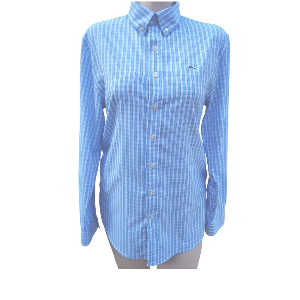 Vineyard Vines On-The-Go Blue Gingham Plaid Checkered Button Summer Blouse Large